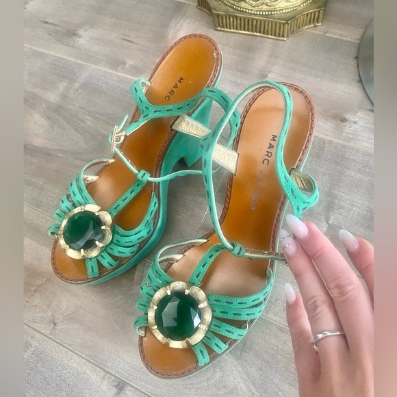 MARDI GRAS 💜🦚💛 Marc Jacobs Wedge Heels - 38.5 - Green - Made in Italy - Picture 6 of 9